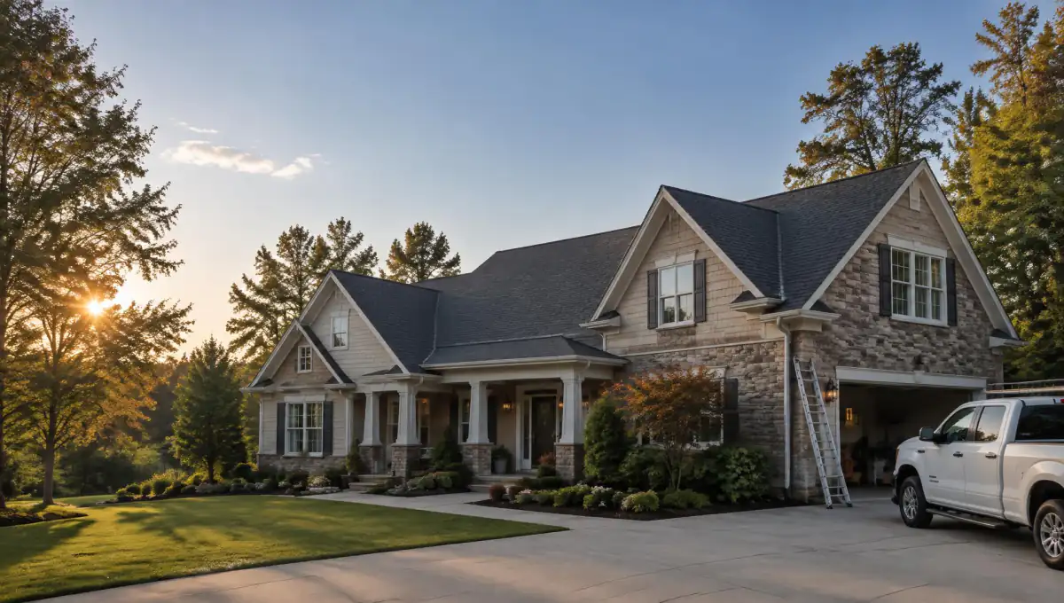 Completed Raleigh home with a new charcoal shingle roof, roofing truck and ladder at golden hour