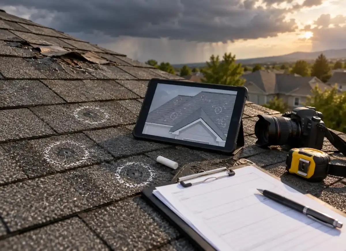 Hail-damaged roof documented with a camera, tablet, tape measure and inspection paperwork