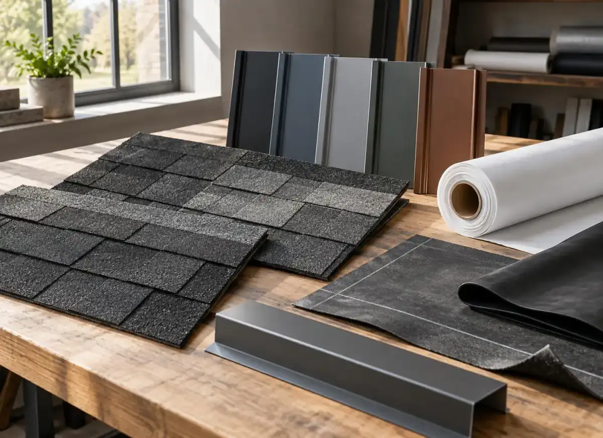 Roofing material samples including architectural shingles, metal panels, TPO and EPDM membrane