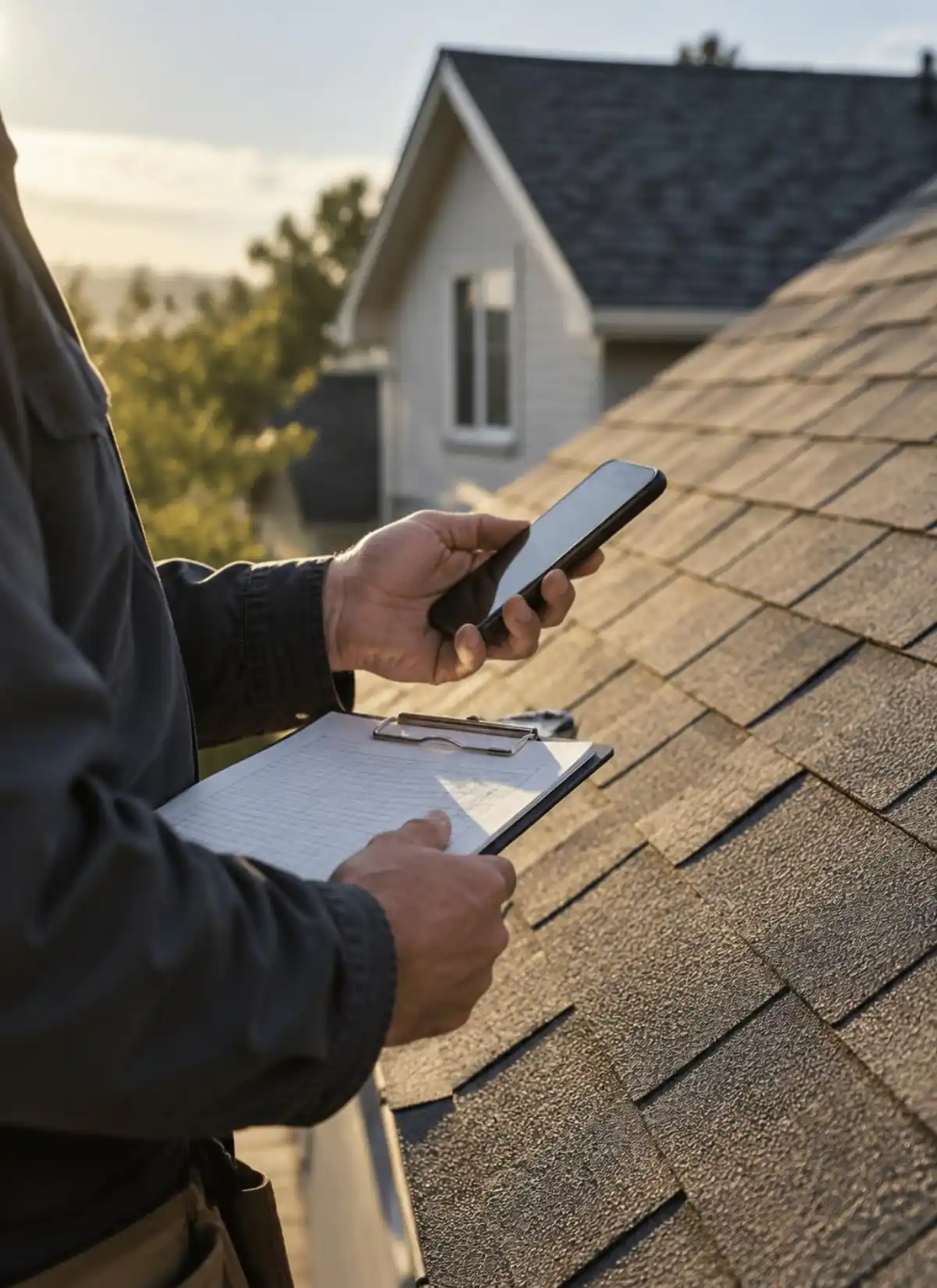Roofing estimator with a smartphone and clipboard beside a shingle roof at sunrise, booking a free estimate