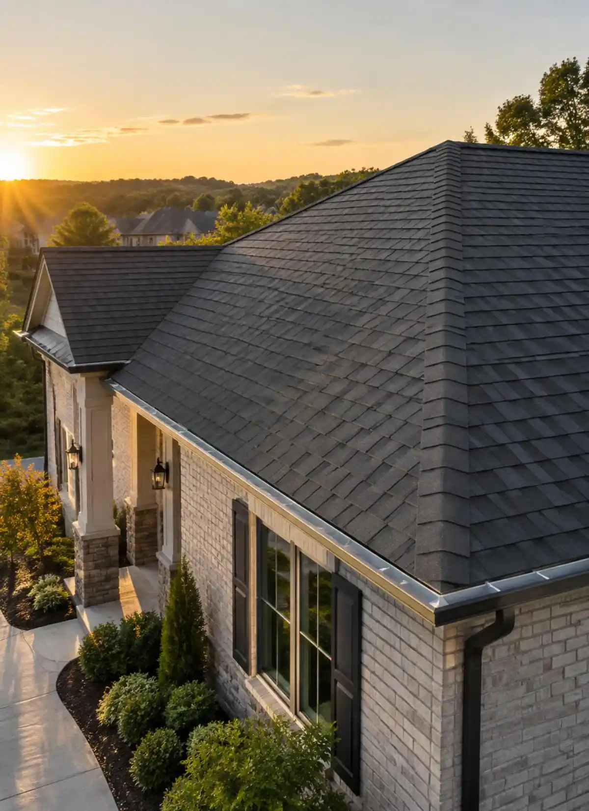 Completed charcoal architectural shingle roof with crisp ridge cap and clean gutters at golden hour