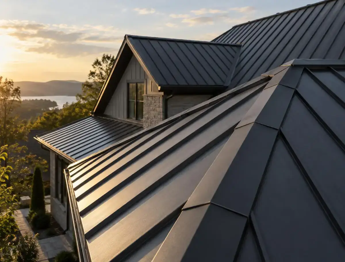 Finished charcoal standing-seam metal roof with clean ridge and flashing details